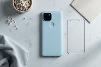 Coque transparente et verre trempé pour Google Pixel 8a posés sur une surface en béton gris