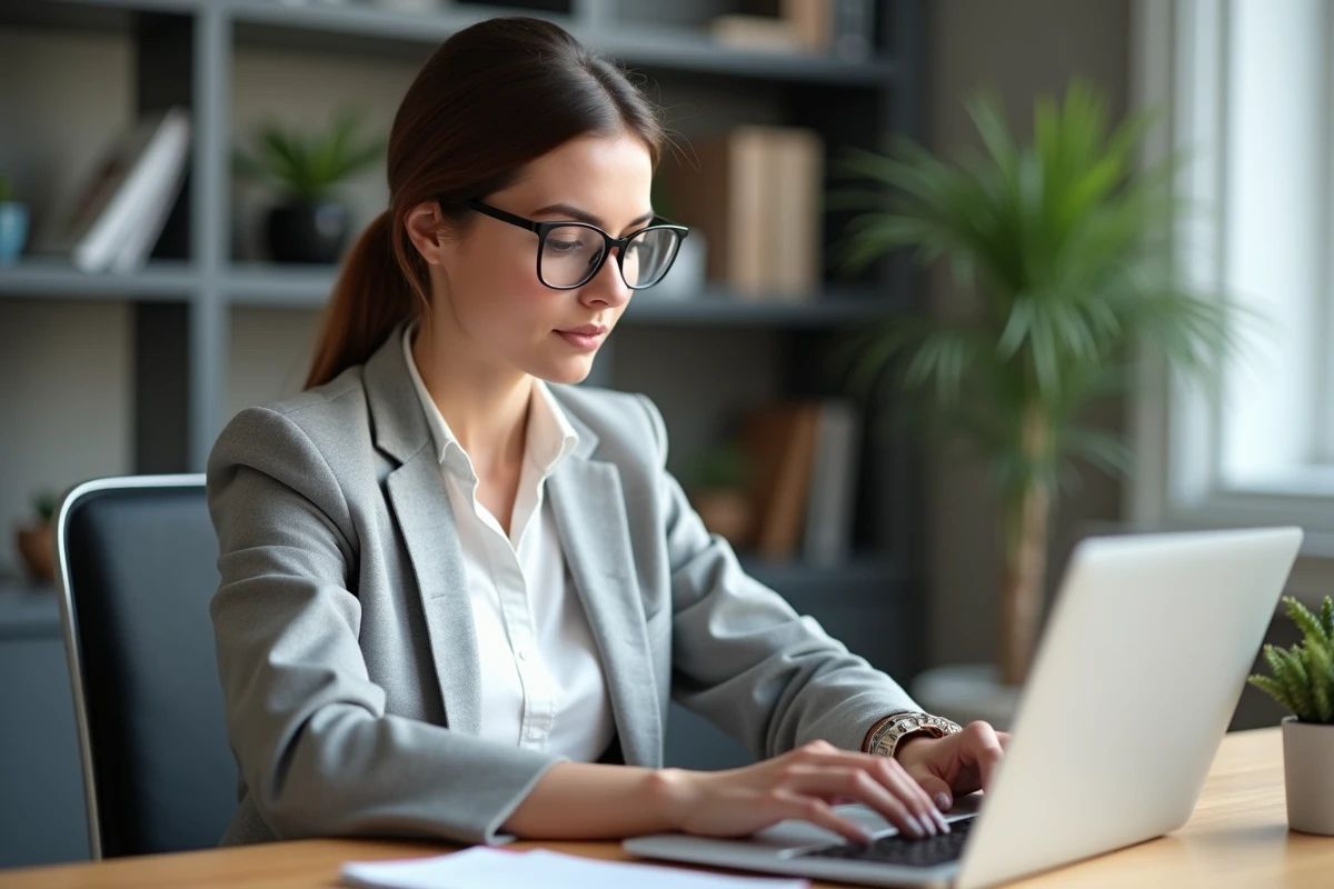 Femme professionnelle créant un compte email Yahoo sur son ordinateur portable dans un bureau à domicile moderne