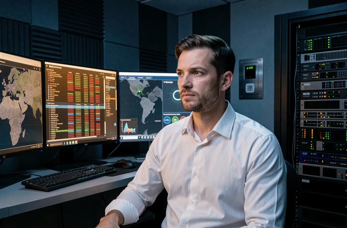 Analyste en cybersécurité de Cyber-Lid surveillant des tableaux de bord de sécurité réseau dans une salle de contrôle informatique en Normandie