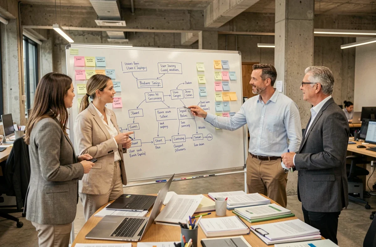 Équipe de professionnels collaborant autour d'un tableau blanc pour définir des cas d'usage avec leurs utilisateurs clés