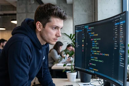 Développeur Python concentré devant un moniteur affichant une boucle for-else dans un IDE sombre, dans un bureau moderne