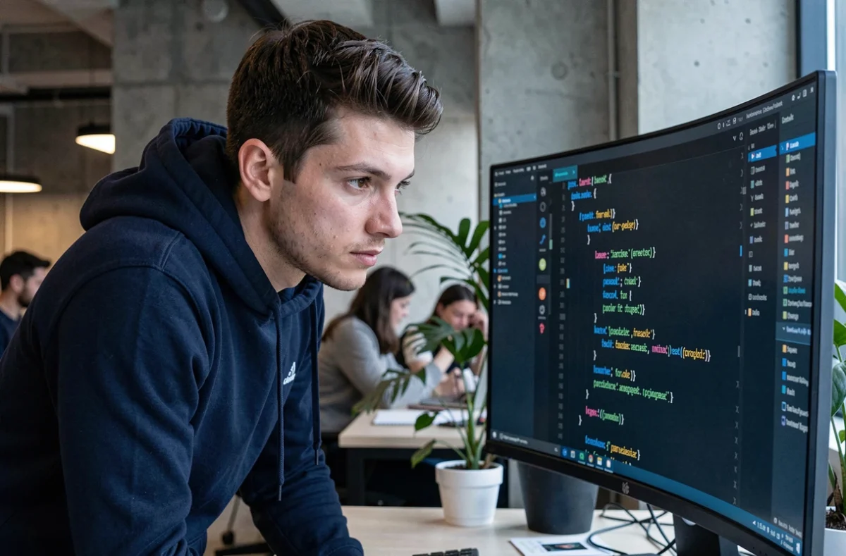 Développeur Python concentré devant un moniteur affichant une boucle for-else dans un IDE sombre, dans un bureau moderne