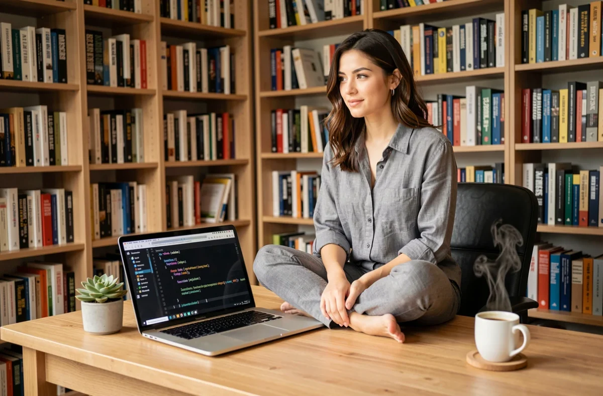 Développeuse Python travaillant depuis un bureau à domicile avec un script for-else visible sur son écran de laptop