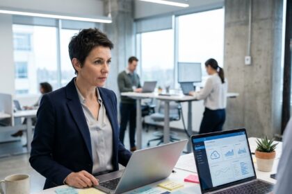 Dirigeante de PME analysant une stratégie de transformation numérique dans un bureau moderne avec tableau de bord cloud ouvert sur ordinateur portable
