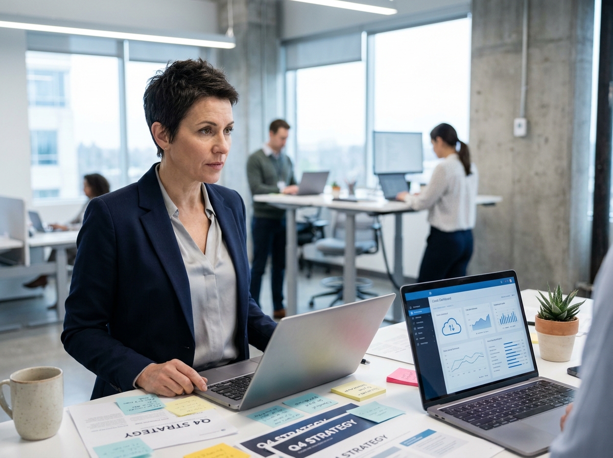 Dirigeante de PME analysant une stratégie de transformation numérique dans un bureau moderne avec tableau de bord cloud ouvert sur ordinateur portable