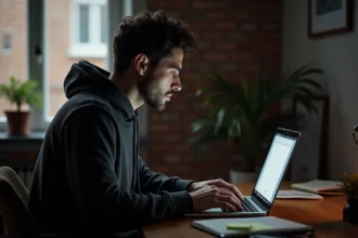 Homme utilisant un ordinateur portable avec filtre de confidentialité pour rester discret en ligne