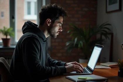 Homme utilisant un ordinateur portable avec filtre de confidentialité pour rester discret en ligne