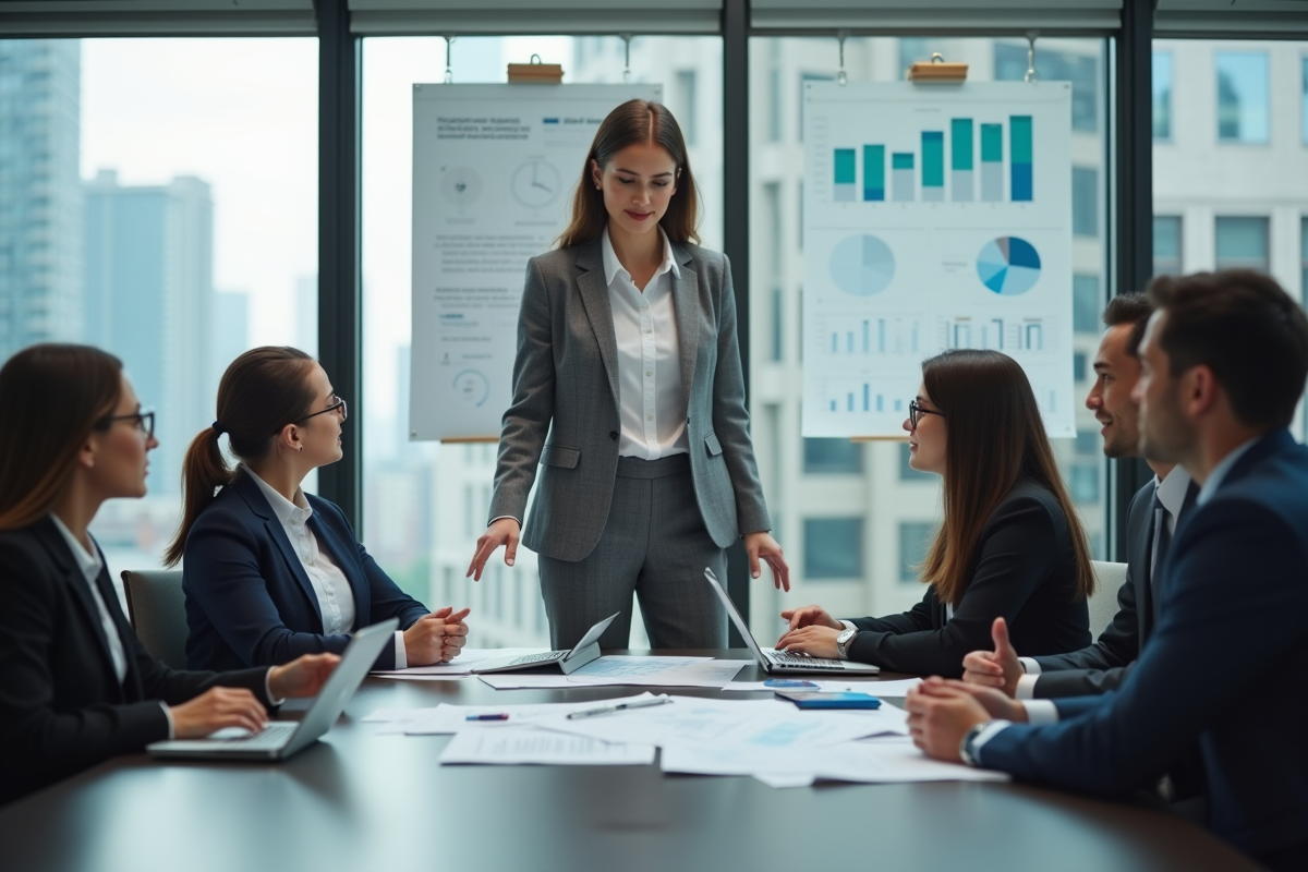 Jeune femme discutant audit avec collègues en salle de réunion