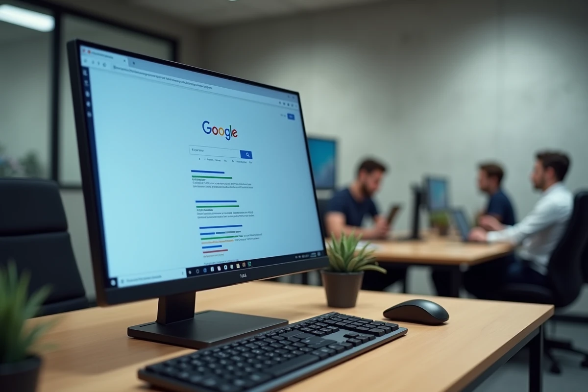 Écran d'ordinateur affichant Google en rotation pour illustrer le meme Do a Barrel Roll dans un bureau moderne