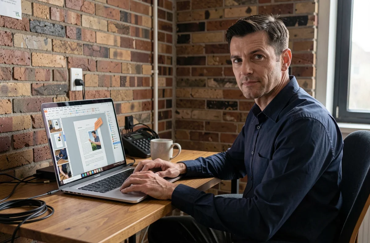 Homme utilisant un logiciel d'édition PDF sur un ordinateur portable pour insérer une image dans un document multipage dans un bureau d'appartement
