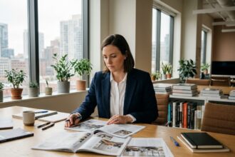 Femme éditrice examinant des maquettes de magazine dans un bureau moderne avec vue sur la ville