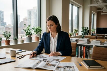 Femme éditrice examinant des maquettes de magazine dans un bureau moderne avec vue sur la ville
