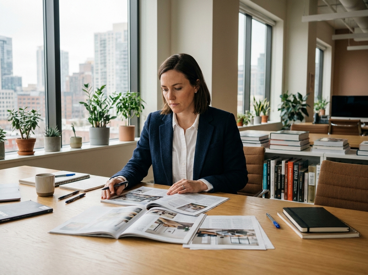 Femme éditrice examinant des maquettes de magazine dans un bureau moderne avec vue sur la ville