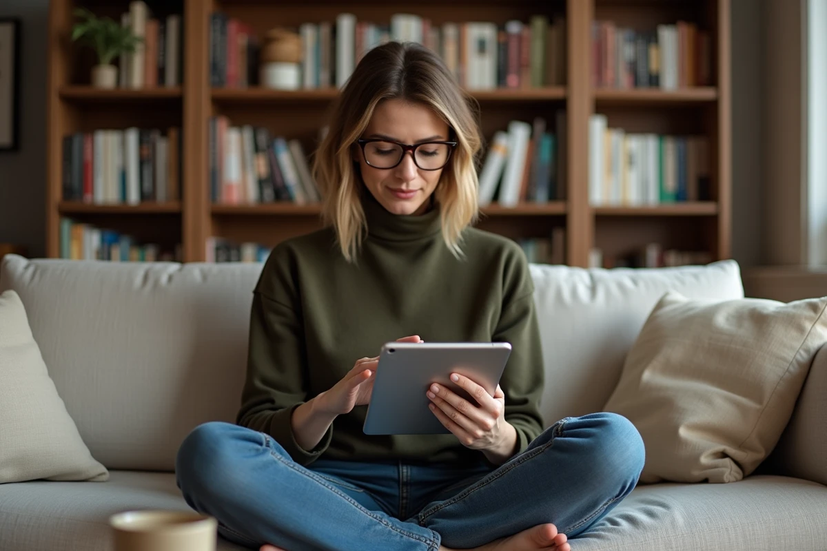 Femme éditrice révisant un article sur tablette avec un compteur de mots visible, assise confortablement dans un salon