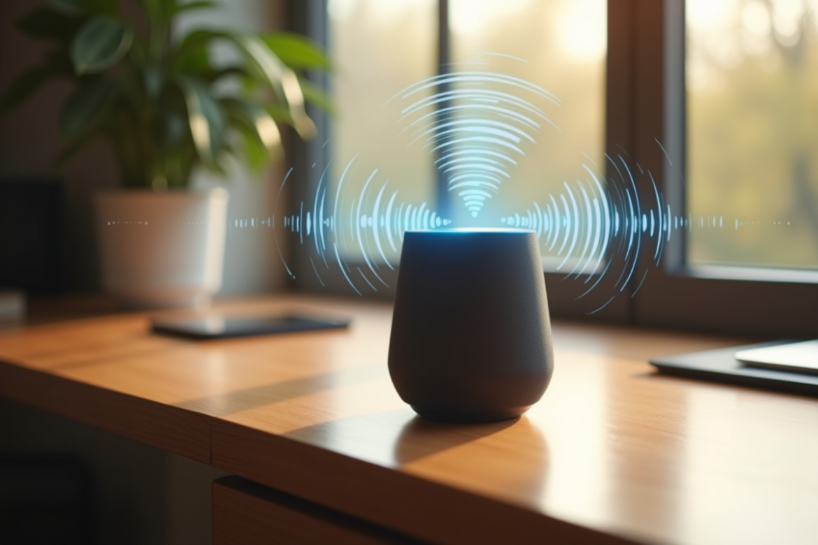 Enceinte intelligente moderne sur bureau en bois avec onde sonore