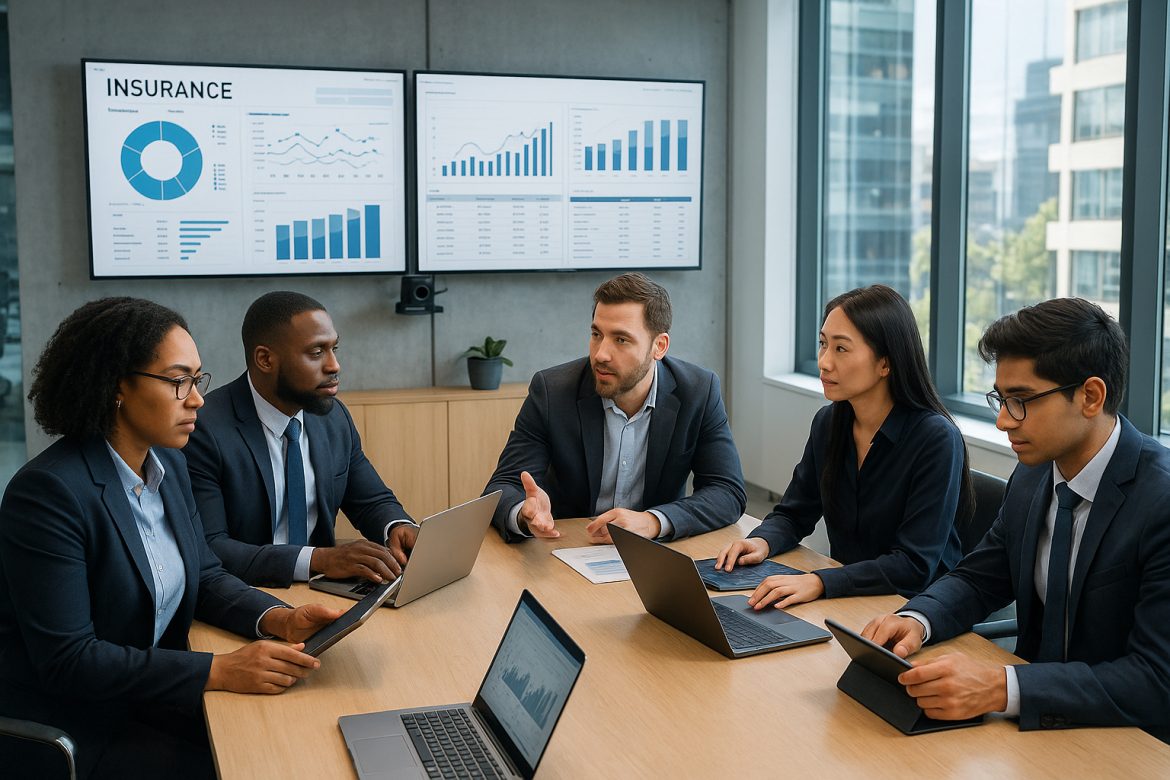 Groupe d'assureurs collaborant dans un bureau lumineux