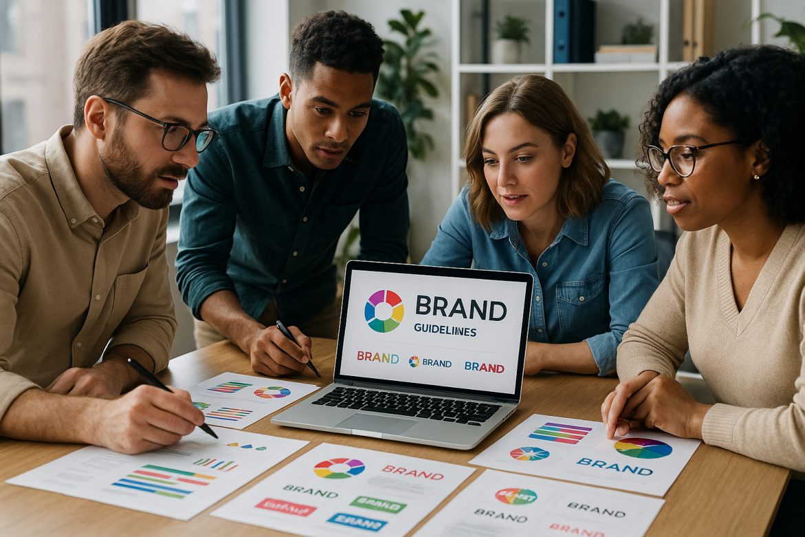 Groupe de créatifs autour d'un bureau discutant de guides de marque