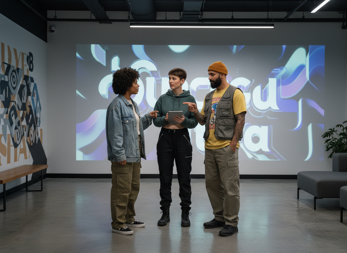 Équipe de designers devant un affichage d