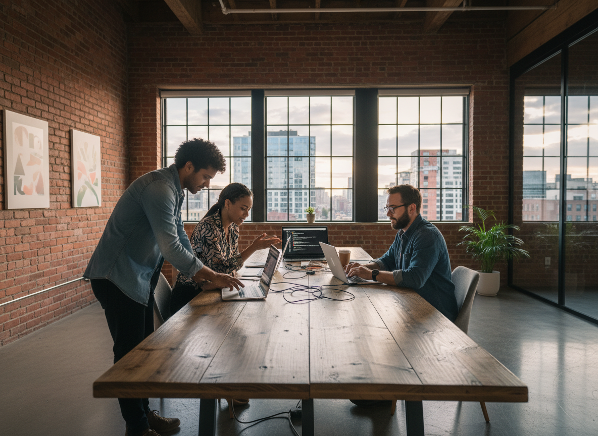 Groupe de professionnels IT en réunion dans un espace industriel