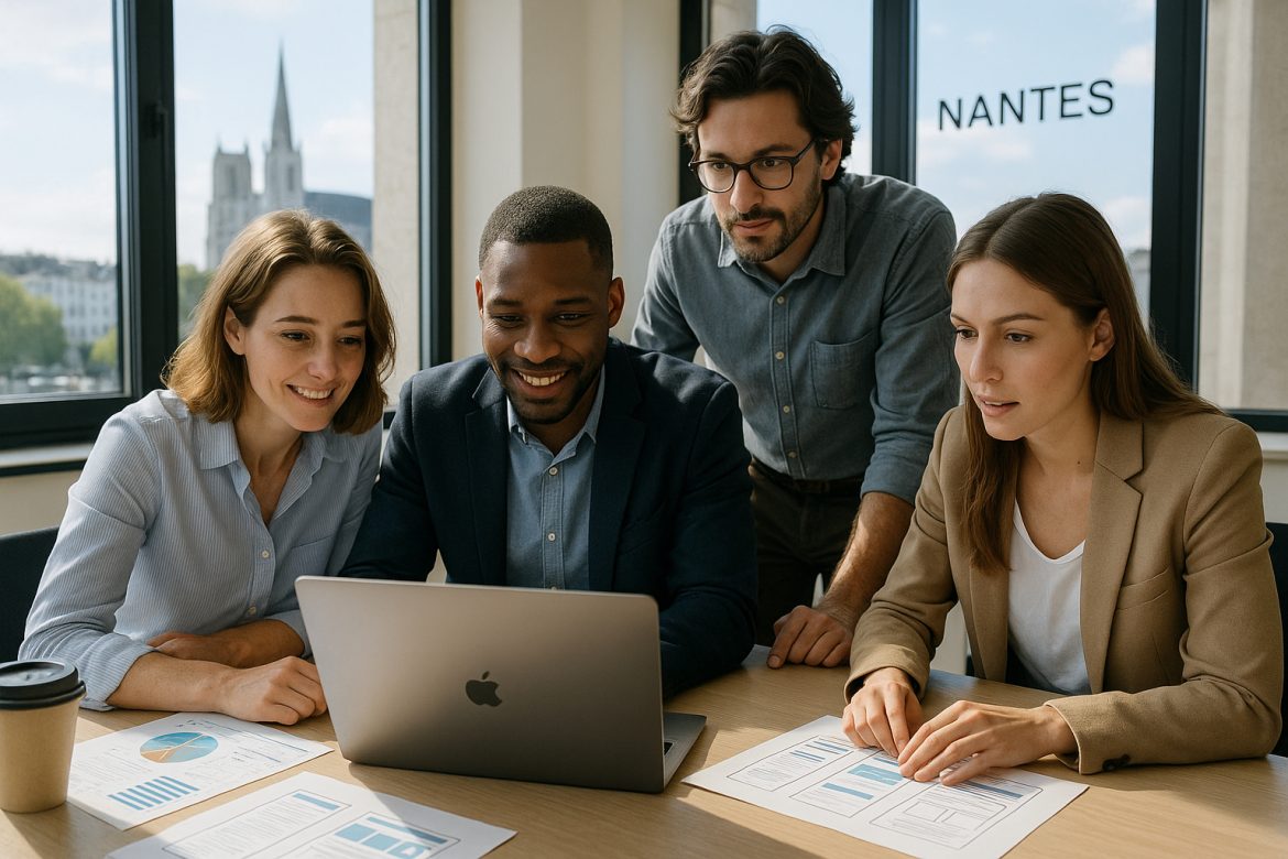 Photo d'une equipe professionnelle à Nantes collaborant autour d'un ordinateur