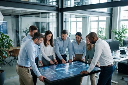 Groupe de professionnels autour d'une table tactile en réunion