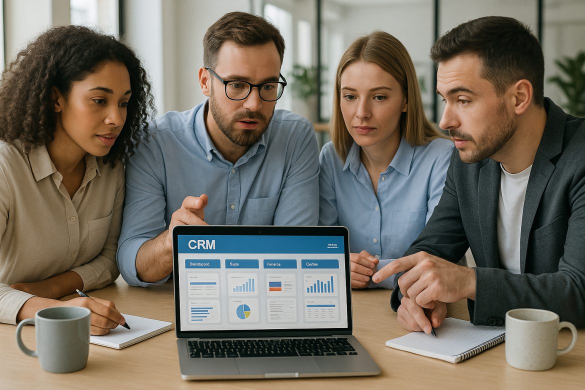 Photo d'une equipe de professionnels discutant CRM en bureau lumineux