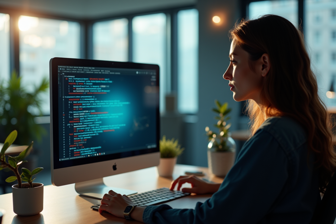 Personne concentrée sur un écran d'ordinateur avec erreur technique
