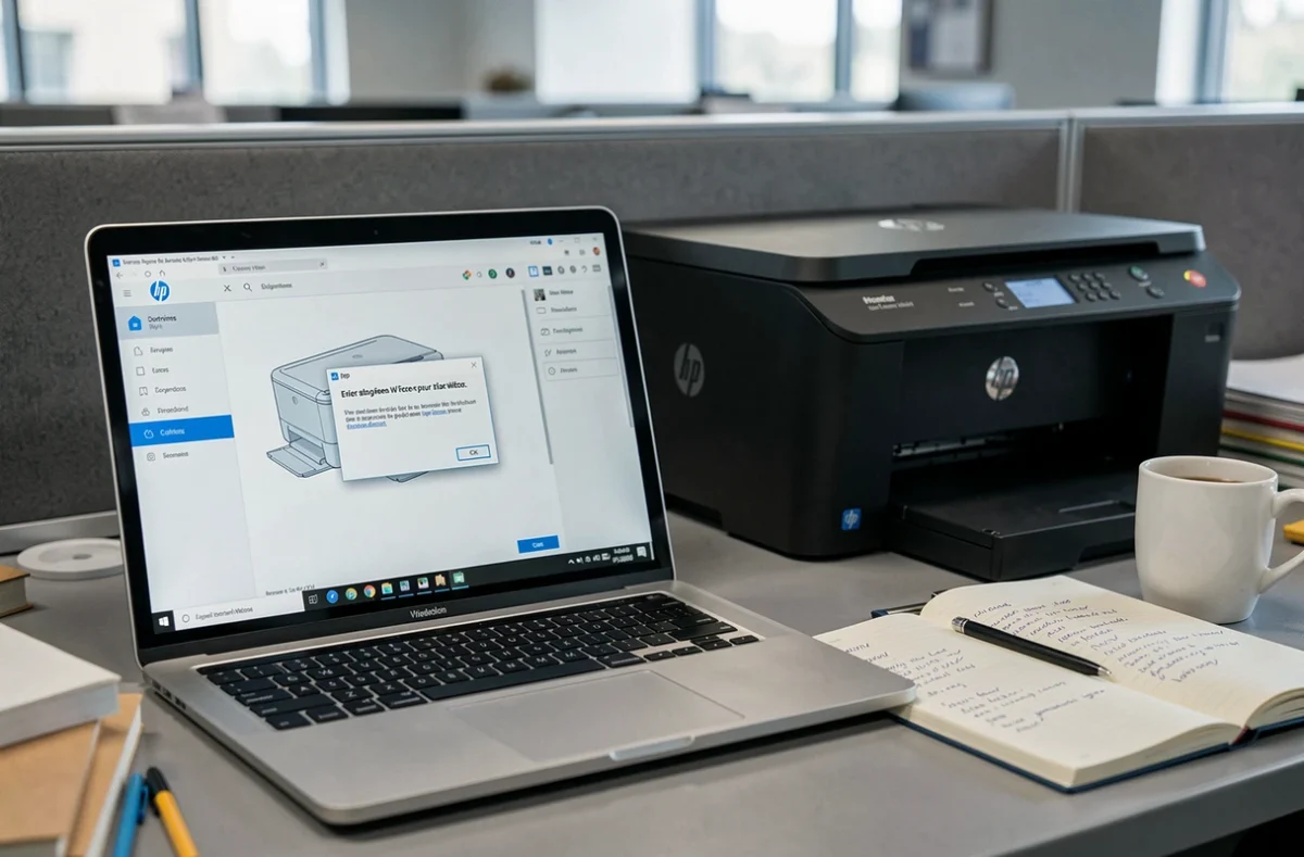 Écran d'ordinateur affichant une erreur de pilote lors de l'installation d'une imprimante HP tout-en-un sur un bureau de bureau