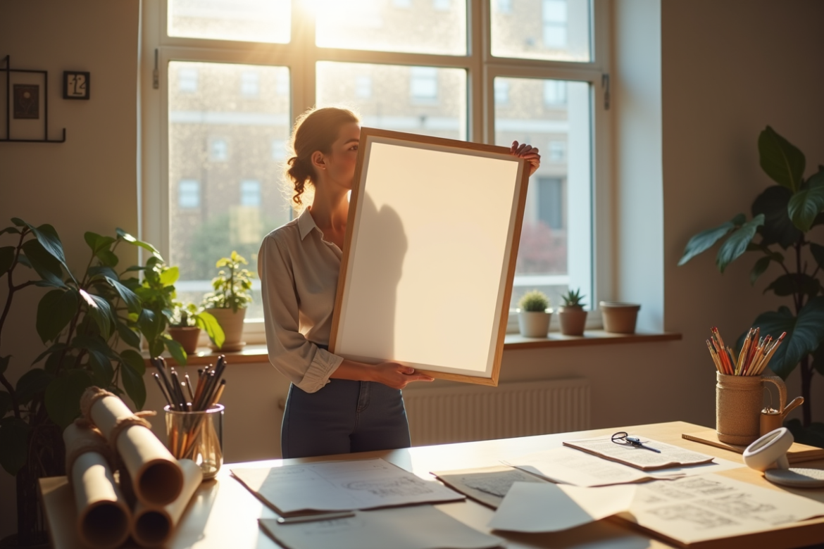 Espace créatif avec designer tenant une impression A1 lumineux