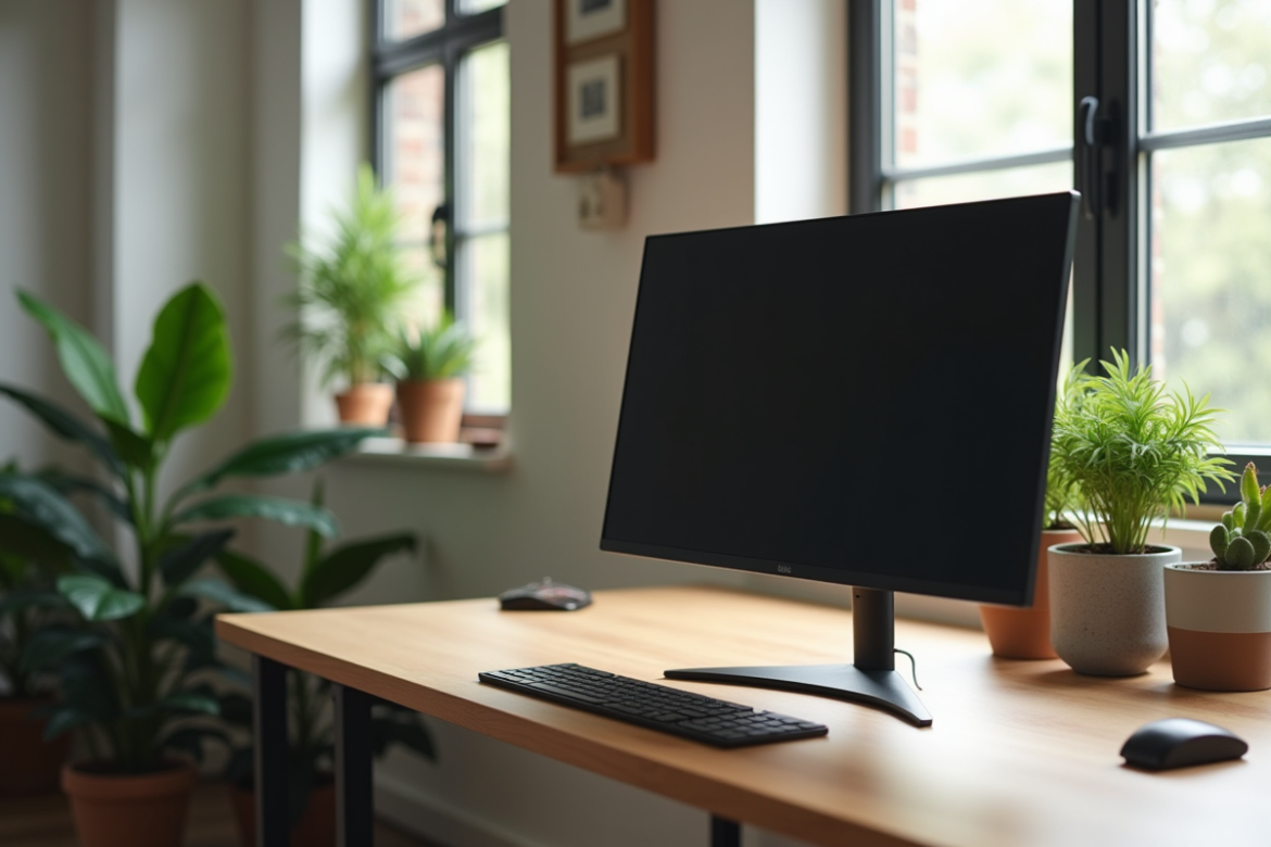 Espace de travail moderne avec moniteur 1440p sur bureau minimaliste