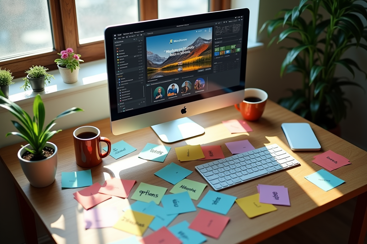Espace de travail créatif avec ordinateur et notes sur limites et options