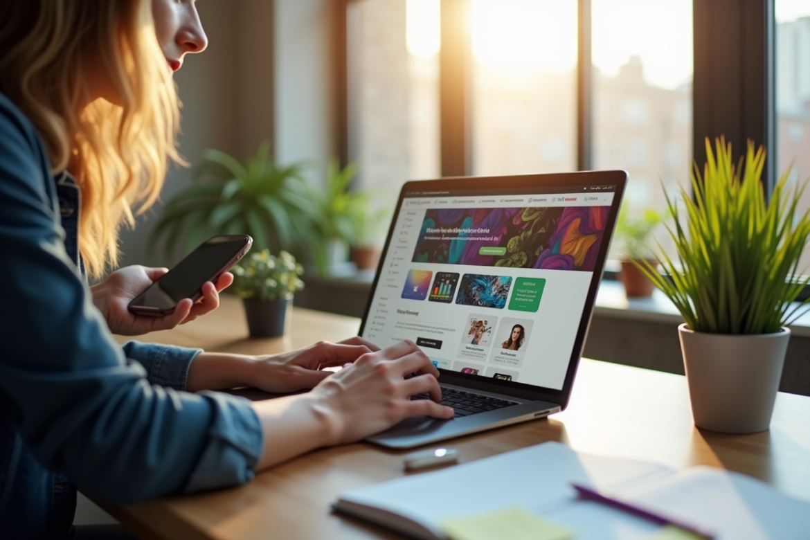 Espace de travail moderne avec personne utilisant ordinateur et smartphone