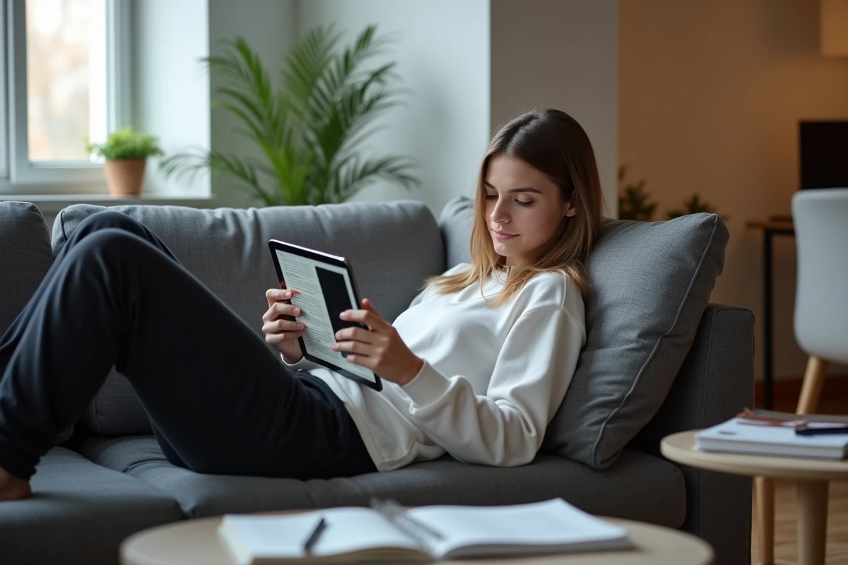 Étudiant lisant un PDF avec annotations colorées sur tablette Android allongé sur un canapé