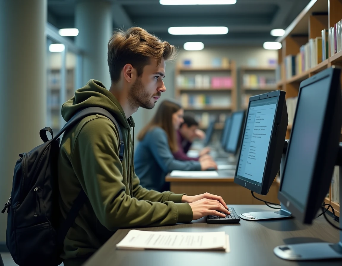 Étudiant universitaire consultant les paramètres de messagerie Zimbra dans une bibliothèque universitaire avant la rentrée