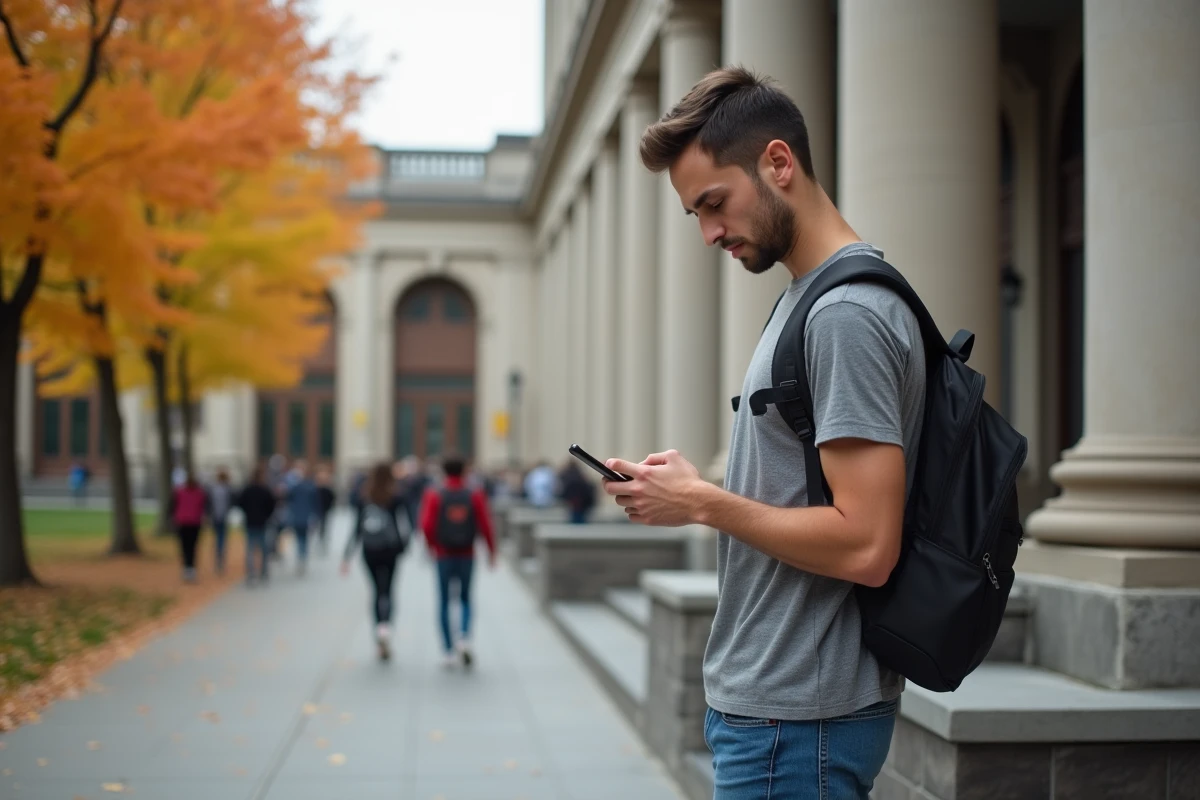 Étudiant consultant son smartphone devant une bibliothèque universitaire après avoir constaté l'inaccessibilité de sa messagerie Zimbra