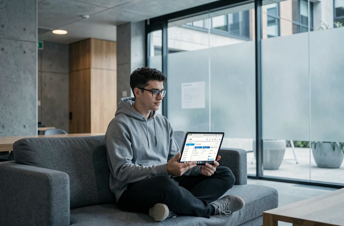 Étudiant masculin naviguant entre le webmail et l'ENT sur une tablette dans un espace commun universitaire