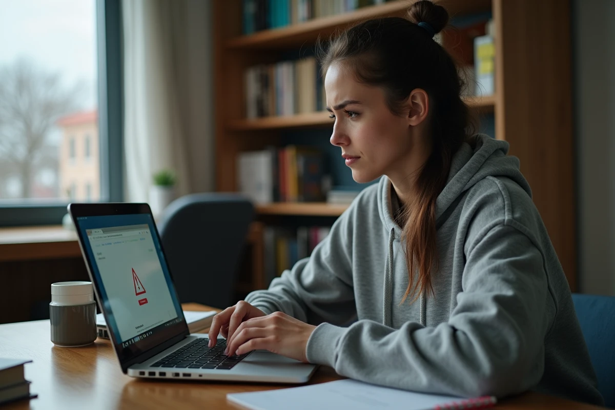 Étudiante frustrée devant un message d'erreur sur son ordinateur portable en essayant d'accéder à sa messagerie universitaire Zimbra