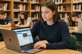 Étudiante universitaire utilisant un webmail et un ENT côte à côte sur son ordinateur portable dans une bibliothèque