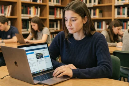 Étudiante universitaire utilisant un webmail et un ENT côte à côte sur son ordinateur portable dans une bibliothèque
