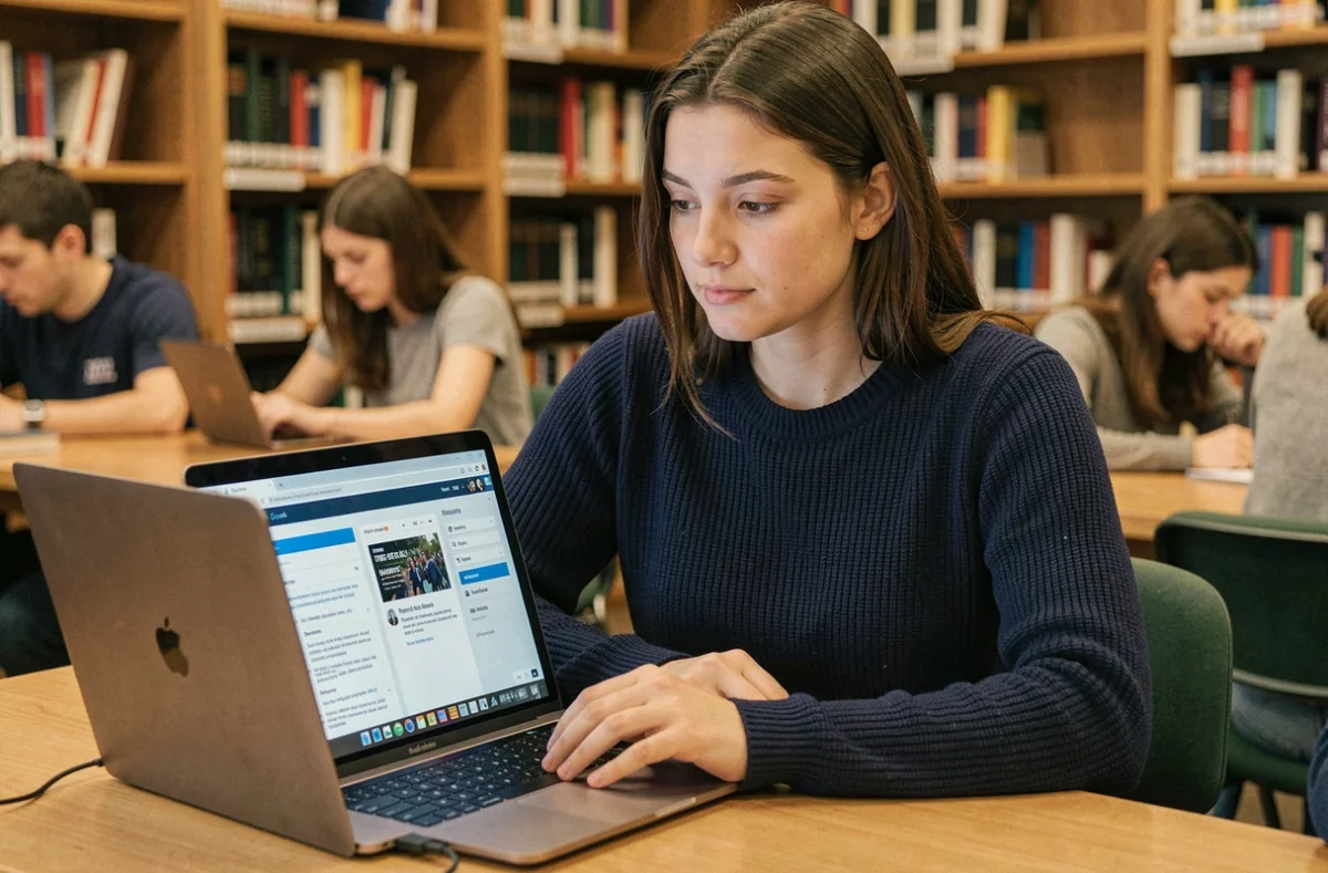 Étudiante universitaire utilisant un webmail et un ENT côte à côte sur son ordinateur portable dans une bibliothèque