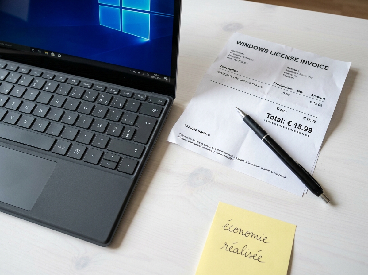 Vue aérienne d'une facture de licence Windows à prix réduit posée sur un bureau avec ordinateur portable