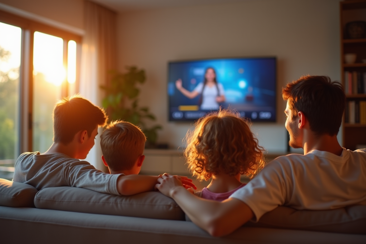 Famille souriante regardant un écran dans un salon chaleureux