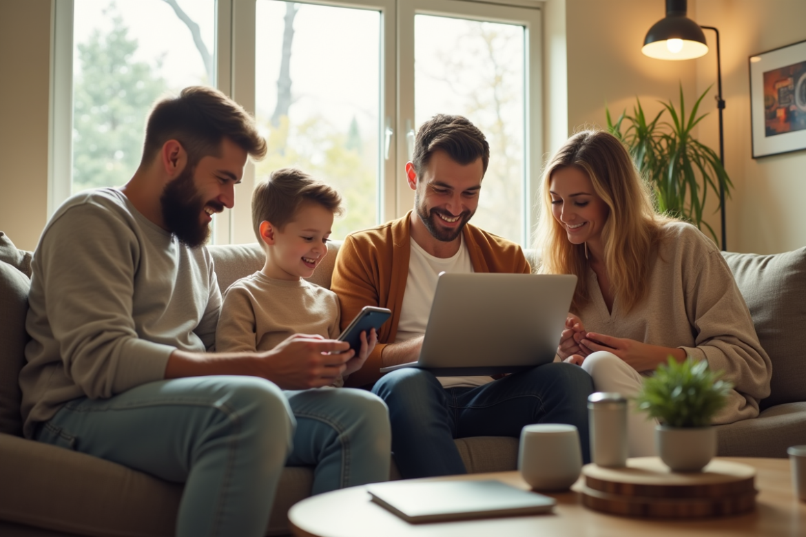Famille moderne utilisant des appareils hightech dans un salon lumineux