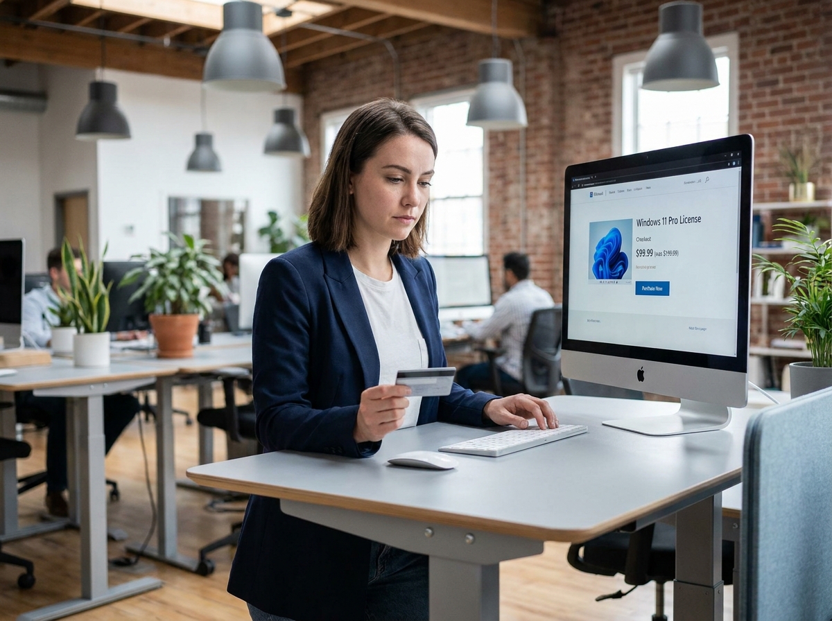 Femme achetant une licence Windows à prix réduit dans un espace de coworking moderne