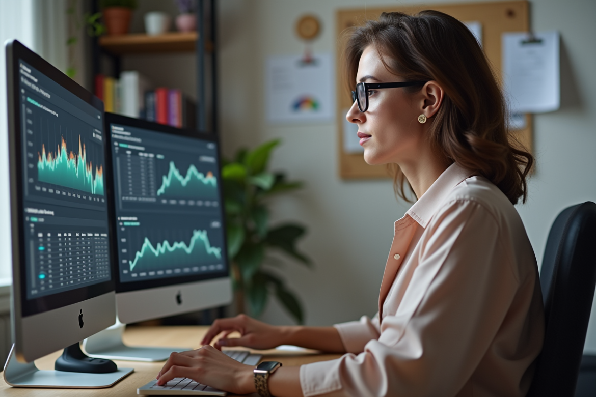 Femme concentrée analysant des graphiques sur son ordinateur