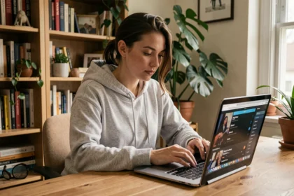 Jeune femme utilisant une application de streaming musical sur son ordinateur portable dans un bureau à domicile
