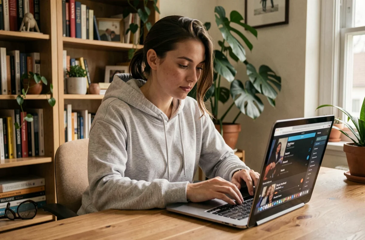 Jeune femme utilisant une application de streaming musical sur son ordinateur portable dans un bureau à domicile