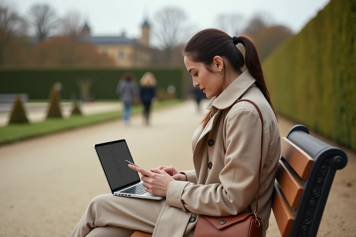 Jeune femme comparant application mail et webmail sur smartphone dans les jardins de Versailles