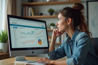 Femme en bureau moderne analysant des graphiques sur son ordinateur