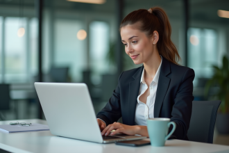 Jeune femme professionnelle interagissant avec un chatbot sur son ordinateur